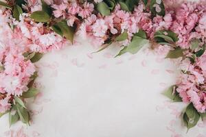 Sprigs of the sakura tree with flowers and petals on trendy marble background. Place for text. The concept of spring came. Top view. Flat lay photo