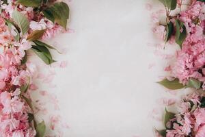 Sprigs of the sakura tree with flowers and petals on trendy marble background. Place for text. The concept of spring came. Top view. Flat lay photo