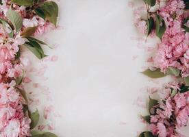 Sprigs of the sakura tree with flowers and petals on trendy marble background. Place for text. The concept of spring came. Top view. Flat lay photo