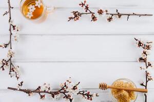 Spring composition. Frame with cup of herbal tea, a jar of honey and cherry flowers, top view. Healthy food concept photo
