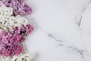 Floral pattern of a branch of lilac on a trendy marble background. Top view. Flat lay. Spring concept. Copy space photo