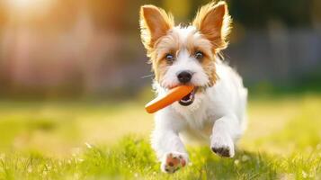 Energetic dog enjoys sunny park, running with frisbee. photo
