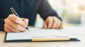 A focused businessman takes notes at his home office desk, capturing essential details for effective planning and strategy. photo