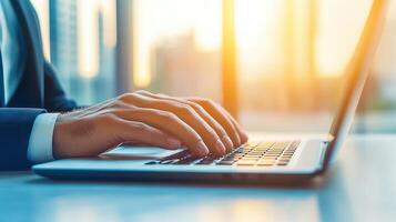 A business pro uses management software on a laptop, tapping into skills for strategic gains in a sleek, clean space. photo