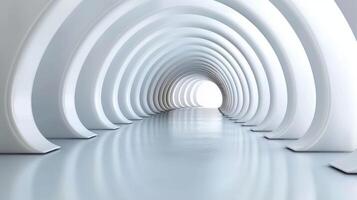 Futuristic 3D room tunnel with white and silver abstract design, illuminated by neon lights for a modern interior. photo