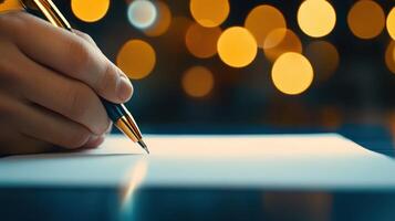 A businessman signs a contract at night, illuminated by soft bokeh lighting, highlighting the significance of the agreement. photo