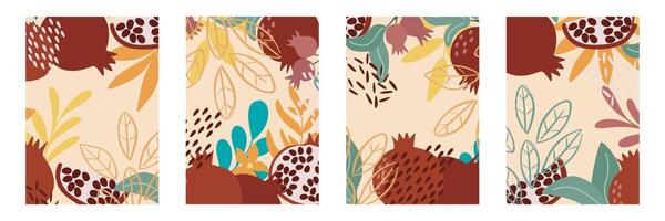 Set of colorful templates with pomegranates, leaves and abstraction vector