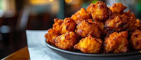 A close-up of a plate piled high with golden, crispy fried snacks. photo