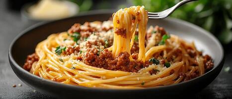 Close-up of spaghetti with meat sauce and parmesan cheese in a black bowl, with a fork lifting a strand. photo