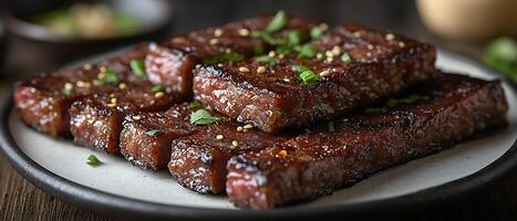Grilled steak slices garnished with herbs on a plate. photo