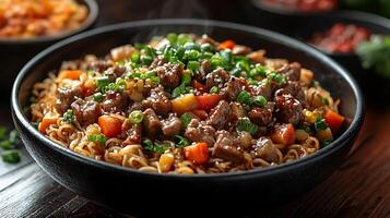 Steaming bowl of beef and vegetable stir-fry noodles. photo