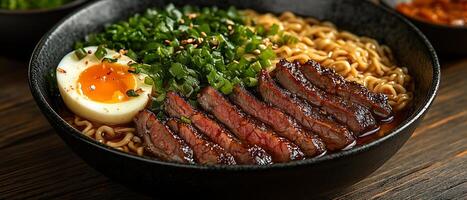 Close-up of a bowl of ramen noodles with beef, egg, and scallions. photo