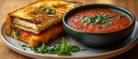 A grilled cheese sandwich and bowl of tomato soup on a plate. photo
