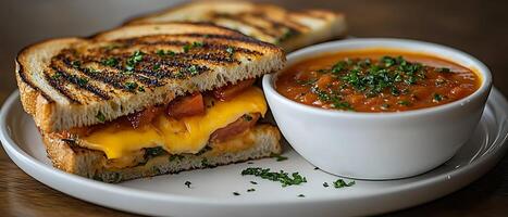 Grilled cheese sandwich with tomato and cheese and bowl of tomato soup. photo