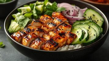 A close-up of a delicious chicken bowl with grilled chicken, avocado, cucumber, red onion, and rice. photo