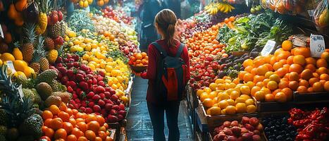 Woman shopping for fresh fruits and vegetables at a vibrant market. photo