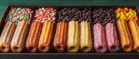 A selection of colorful churros with different toppings in a wooden box. photo