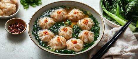 Bowl of dumplings in broth with green vegetables and chopsticks. photo