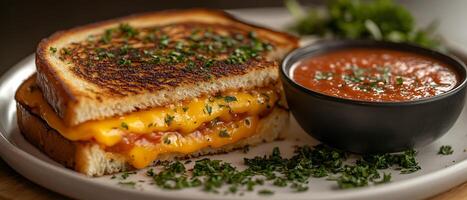 A grilled cheese sandwich with melted cheese and tomato sauce on a white plate. photo