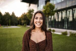Portrait of beautiful woman with perfect white teeth smile photo