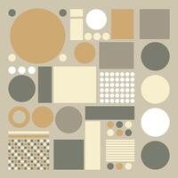 Neutral geometric abstract pattern with muted beige, gray, and tan hues. Incorporates circles, squares, and rectangles in a minimalist composition that highlights balance and harmony. Free vector