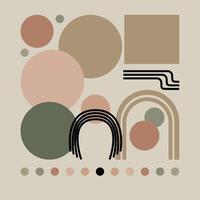Minimalist geometric composition with earthy tones of beige, tan, and muted green. Features overlapping circles, squares, and abstract lines arranged in a balanced and modern aesthetic. Free vector