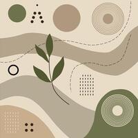 Organic abstract design with neutral beige, tan, and green tones. Features flowing lines, geometric shapes, and botanical elements in a modern, nature-inspired composition. Free vector