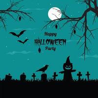 Halloween party poster. Halloween background with bats and moon. invitation template of halloween party with illustration of graveyard vector
