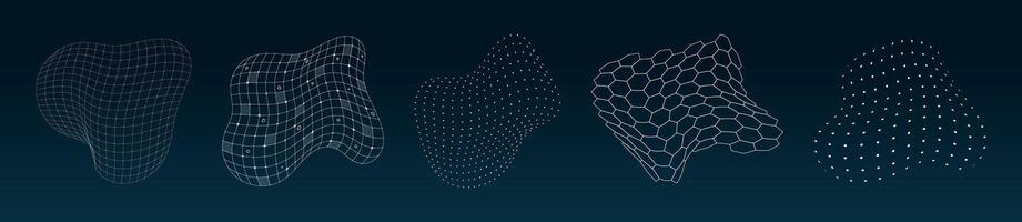 HUD futuristic 3D elements surface grid set. Digital UI flexible wire mesh structure. GUI hi tech polygonal abstract shapes design concept. FUI Sci Fi linear and dotted models on dark blue background vector
