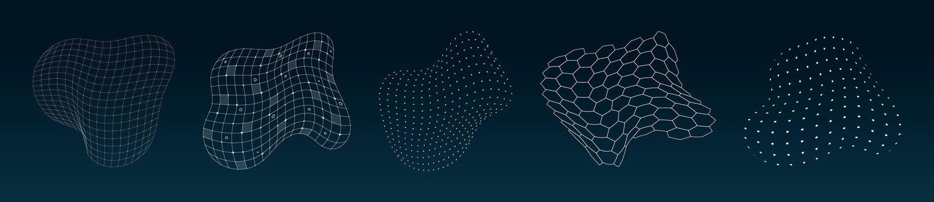 HUD futuristic 3D elements surface grid set. Digital UI flexible wire mesh structure. GUI hi tech polygonal abstract shapes design concept. FUI Sci Fi linear and dotted models on dark blue background