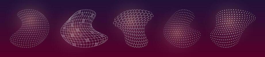 HUD futuristic distorted 3D elements surface grid set. Digital UI flexible wire mesh structure. GUI hi tech abstract polygonal wireframe shapes concept. FUI Sci Fi linear hexagons and dotted models vector