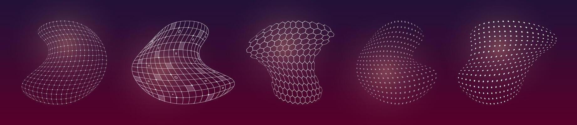 HUD futuristic distorted 3D elements surface grid set. Digital UI flexible wire mesh structure. GUI hi tech abstract polygonal wireframe shapes concept. FUI Sci Fi linear hexagons and dotted models