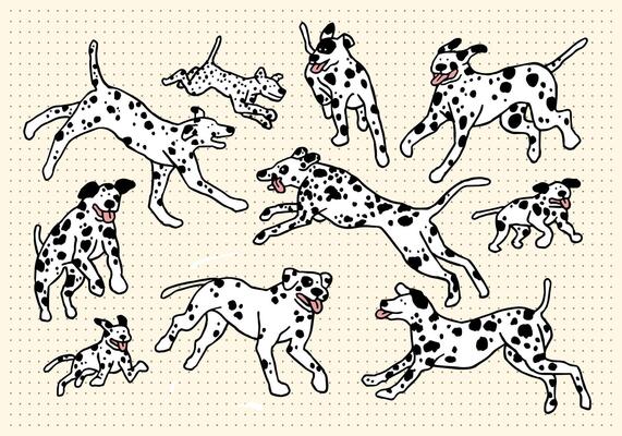 Dalmatian Running Dog Hand Drawn Doodle Set