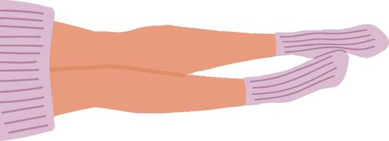 Flat illustration of legs lying on the floor. The right one is slightly bent and dilacately touching the other. The lilac socks with elastic band are on the feets and sweater is on the body vector