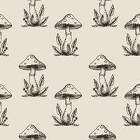 Esoteric Seamless Pattern with fly agaric, magical plants, mushrooms, nature in boho style. Hand drawn mystical abstract repeating background for textile, wrapping, card, print, packing, fabric vector