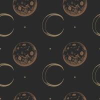 Black seamless pattern with moon, month, stars in boho style. Hand drawn mystical abstract repeating background for textile, wrapping, card, print, flyer, packing, fabric. Lifestyle, esoteric vector
