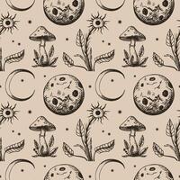 Esoteric Seamless Pattern with fly agaric, magical plants, moon, month, star in boho style. Hand drawn mystical abstract repeating background for textile, wrapping, card, print, packing, fabric vector