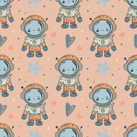 A pattern of a cheerful astronaut and space objects. vector