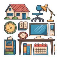 a drawing of a house with a computer and a blue lamp icon vector