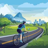 a man with cycle and watch map in phone vector