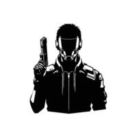 Futuristic Tech-Enhanced Character Silhouette with Cybernetic Augmentations and Sci-Fi Mask for Modern Technology and Futuristic Digital Art vector