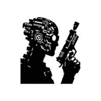 Futuristic Cyberpunk Soldier Silhouette Featuring Advanced Robotic Enhancements and High-Tech Weaponry for Sci-Fi and Technology Concepts vector