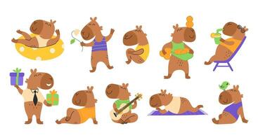 Set of funny cute capybaras. Happy animal characters. Relax. Trendy isolated illustration in flat style free hand vector
