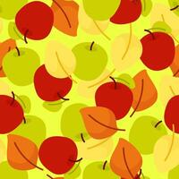 Autumn seamless pattern with colorful leaves and green apples vector