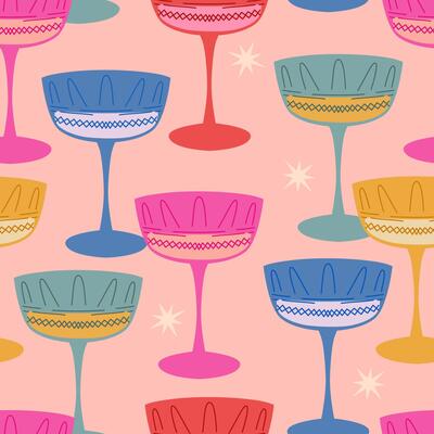 Seamless pattern with champagne glasses in retro style. Colorful outline wine glass.