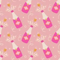 Seamless pattern with champagne bottles in retro style. Slashing bottle champagne. vector