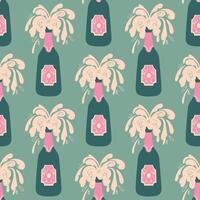 Seamless pattern with champagne in retro style. Sparkling champagne bottle exploding. vector