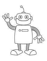 robot, black and white cartoon illustration of humanoid robot with waving hand, isolated on white background vector