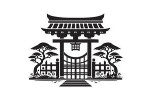 Japanese gate with trees and pagoda vector