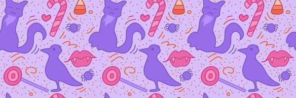 Halloween seamless pattern with crow and black cat and candy. Spooky stock illustration in cartoon style with outline. vector